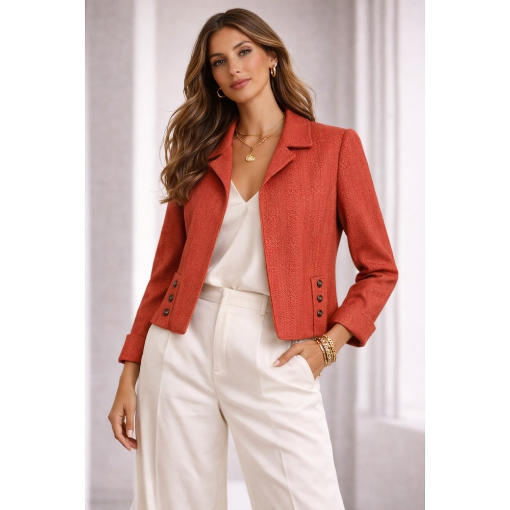 Nina McLemore Coral Red Herringbone Lambswool Silk Lined Blazer Jacket Size 14